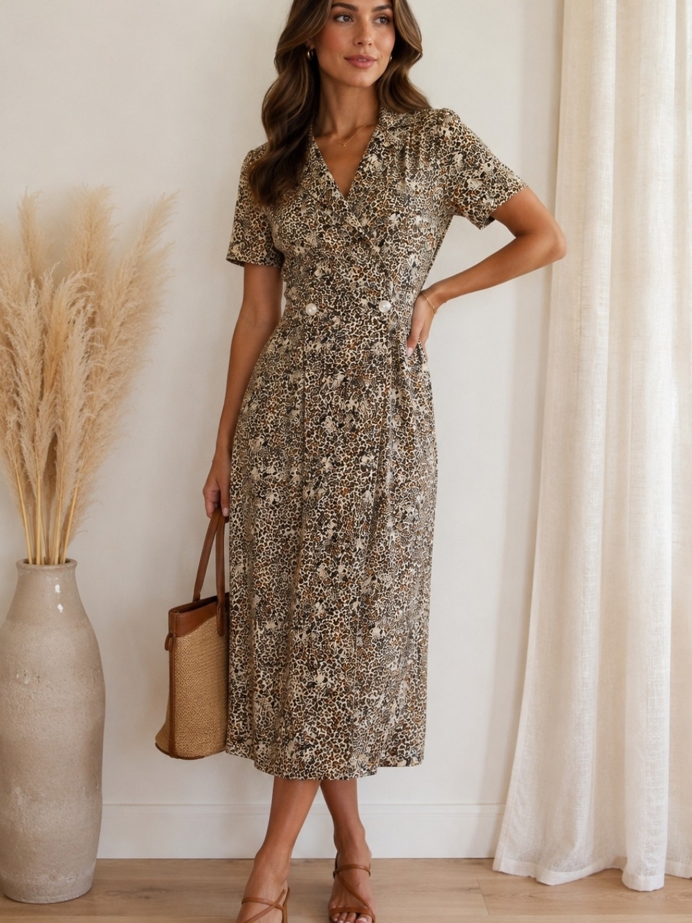 Robbie Bee Silk Brown Leopard-Print Button-Front Midi Dress